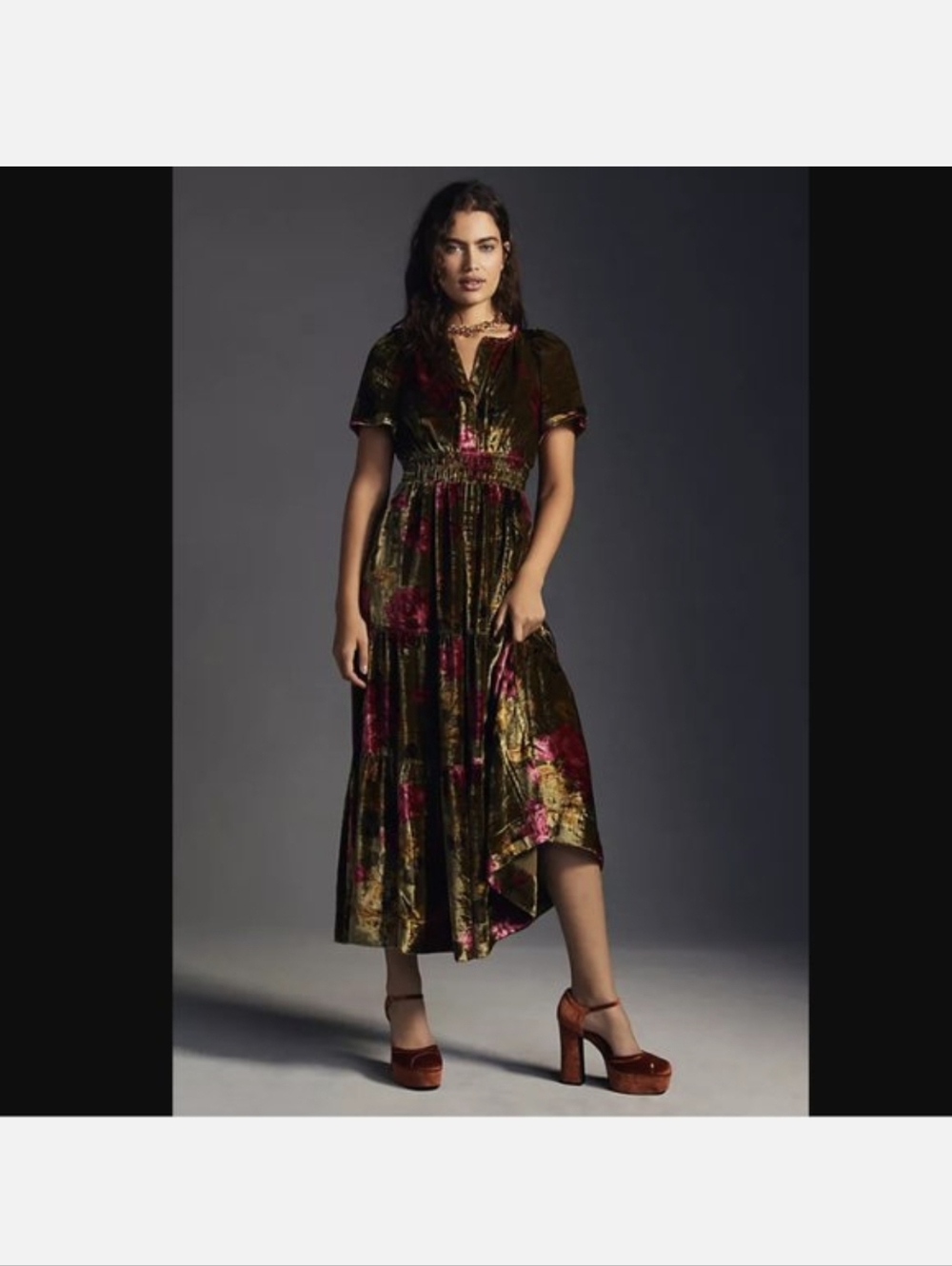Anthropologie Olive Velvet High-Low Dress with Pink Floral Accents - Picture 3 of 6